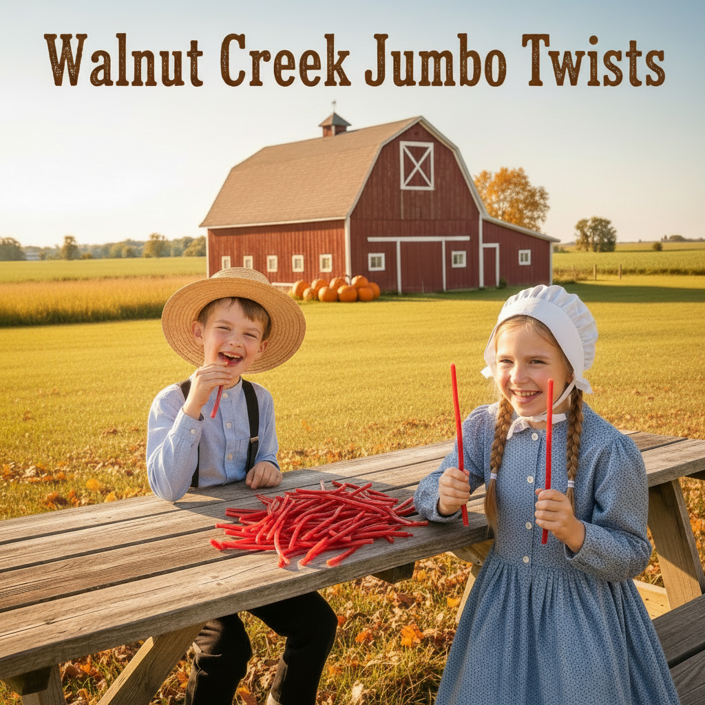 Amish children eating red licorice sticks at a picnic table with a barn in the background