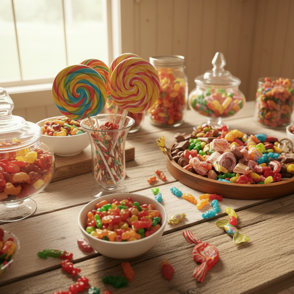A wooden picnic table set outdoors in a sunny garden, filled with jars of candy, bowls of sweets, and colorful lollipops. The scene is surrounded by a lush green lawn and a large tree in the background.